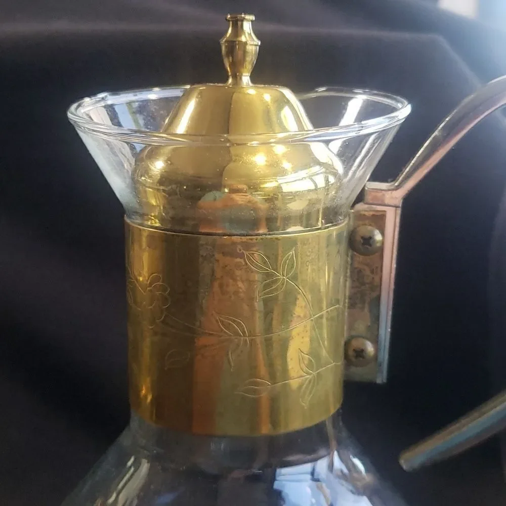 Princess House Brass Glass Coffee Carafe Tea Pot w/ Warming Stand Candle Holder